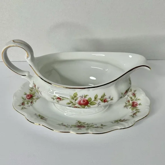 Vintage Johann Haviland Moss Rose Gravy Boat With Attached Under Plate Bavaria - Picture 4 of 11